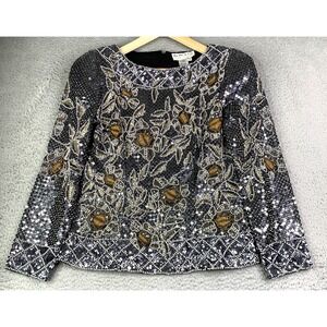 Black Tie Oleg Cassini Top Womens Size 8 Beaded Vintage Longsleeve Beautiful
